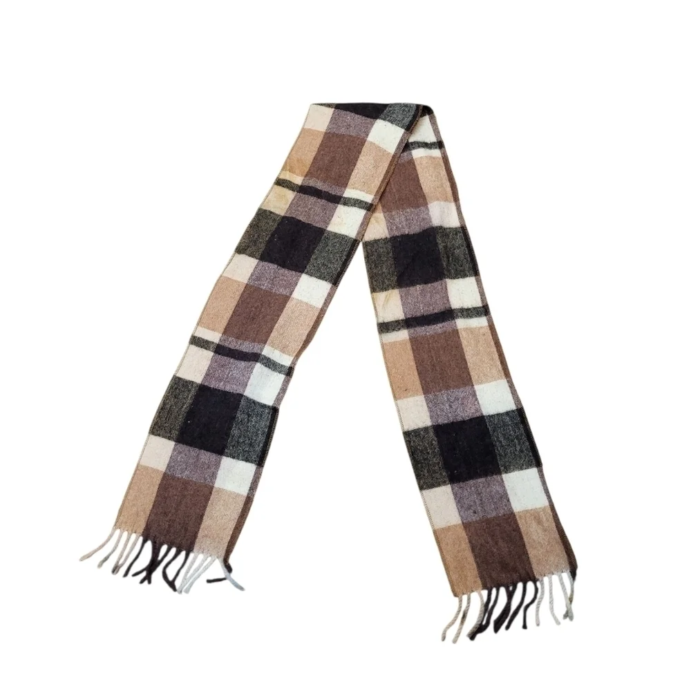 Marangani Plaid Wool Scarf  Brown, Black Tan Fringe